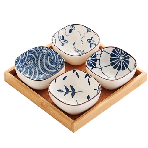 Dxcaicc Ceramic Mini Dipping Bowls with Wooden Serving Tray Sets,Condiment Tray with Removable Dishes,Vintage Side Dish Appetizers, Sushi, BBQ,B