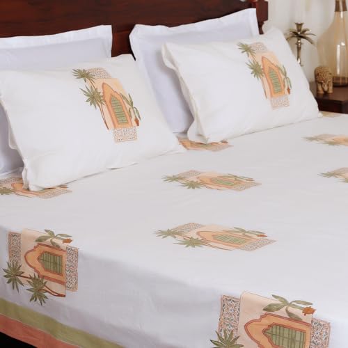 Image of Marudhyan Premium Hand Block Printed Bedsheet | Bed Sheet Flatsheet | Pure Cotton | Double Bed King Size 108 inchx108 inch | 300 TC Bedsheets | Includes 2 Pillow Covers | Tree Spread