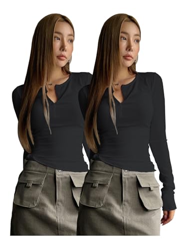 Image of Shasmi Women's & Girl's Long Sleeve Round Neck Solid Color Ruched Workwear Casual Top Half Button Down Henley T-Shirt for Women (Top 128)