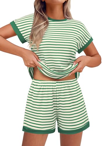 Ekouaer 2 Piece Sets for Women Summer Outfits Cute Stripe Knit T Shirts Shorts Matching Lounge Set Green White Striped M
