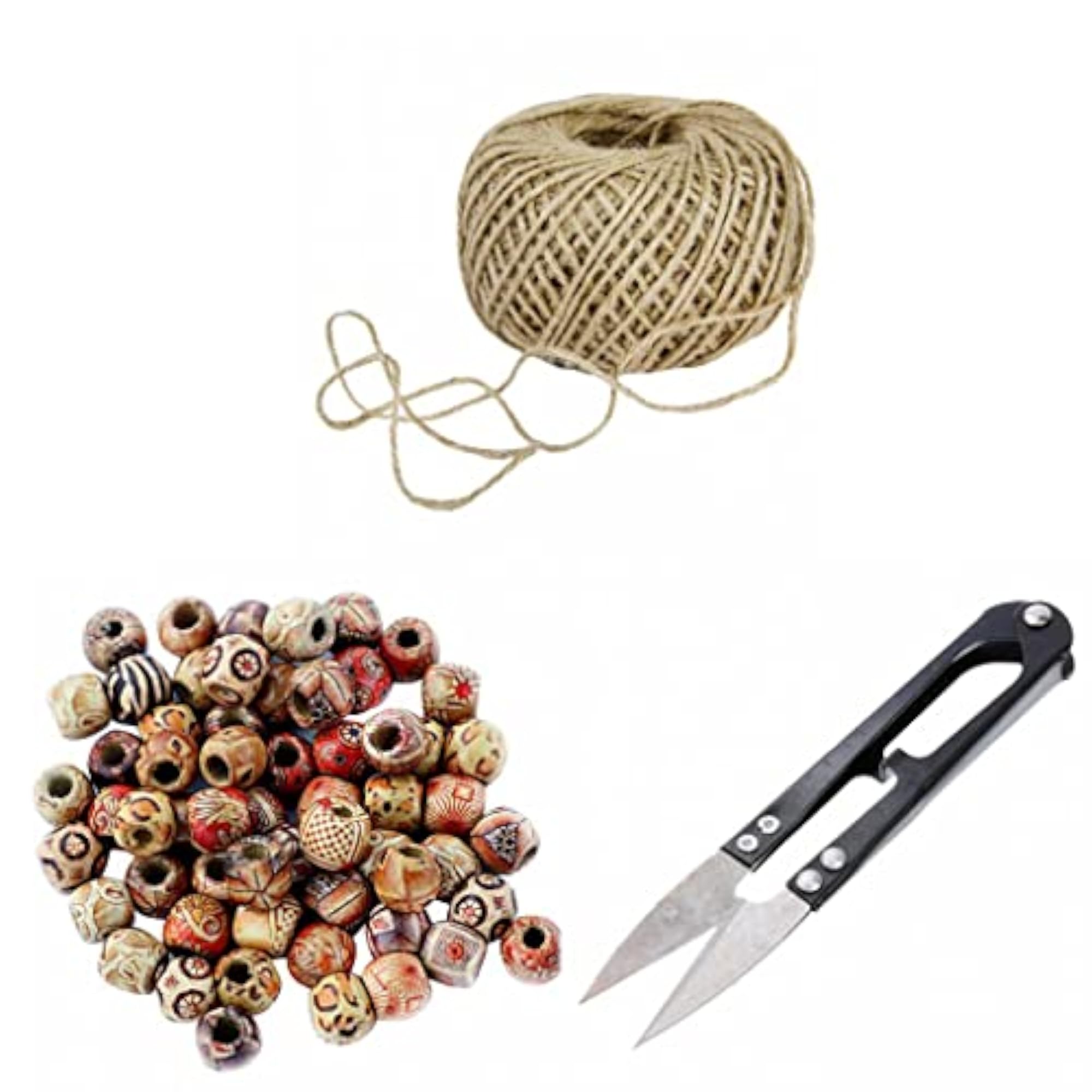 100 Piece Mixed 12mm Wooden Beads with Jute Twine Cord