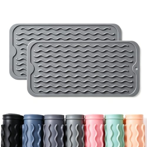 Image of 2 Pack Caketime Silicone Dish Drying Mat for Kitchen Counter Waterproof Under Sink Near Faucet with Bathroom Countertop Organizer Soap Holder New Home Essentials 12 inchx6 inch Gray