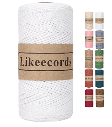 Likeecords 100% Cotton Crochet Bag Cord 2mm 170m Macrame Cord 2mm Crochet Thread Macrame Rope Gift for Knitter (White)