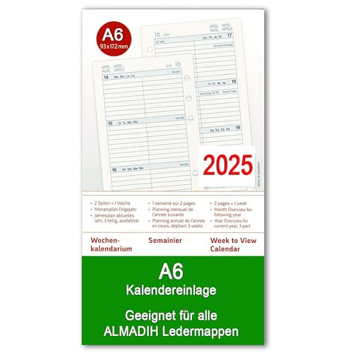 A6 Kompakt Kalendereinlage 2025 (1 Woche auf 2 Seiten) für ALMADIH Ledermappen: Terminplaner Organizer Kombimappe Ersatz Einlagen Wochen-Kalendarium Zeitplaner Jahresplan 4 sprachig (A6 Kalender 2025)