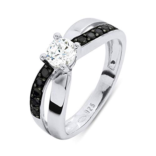 Essens - Bague SOLITAIRE - Collection SO PRESTIGE - Oxydes de Zirconium Noirs et Blancs et Argent Massif 925 Millièmes - Bijou Femme