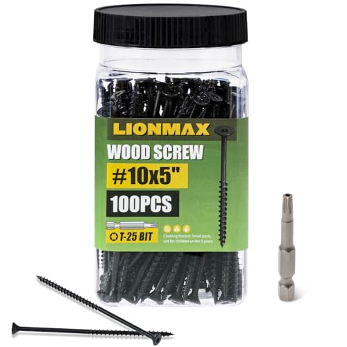 Image of LIONMAX Deck Screws 5 Inch, Wood Screws #10 x 5, 100 PCS, Rust Resistant, Exterior Epoxy Coated, Outdoor Decking Screws, Torx /Star Drive Head Screw, T25 Star Bit Included, Black