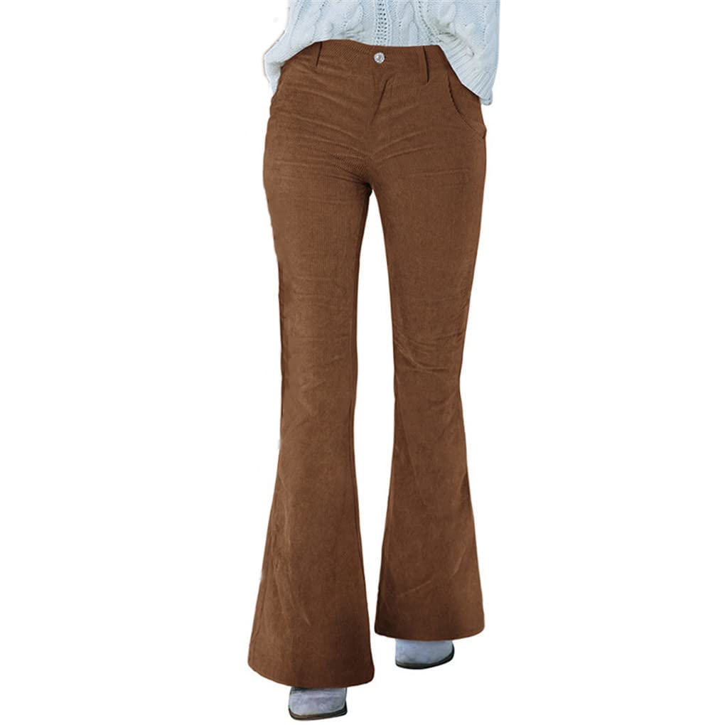 Pantaloni a gamba larga slim in velluto a coste stile ragazza pantaloni svasati casual primavera e autunno, Marrone, M