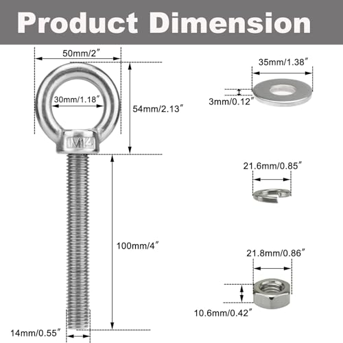Image of M14 x 100mm Stainless Steel Eye Bolt with Nuts 2 Pack, 9 /16 inch x 4 inch Long Shoulder Lifting Ring Eye Bolt for Boat & Hanging, Heavy Duty Marine Grade Threaded Eyebolts for Tie Down Outdoor