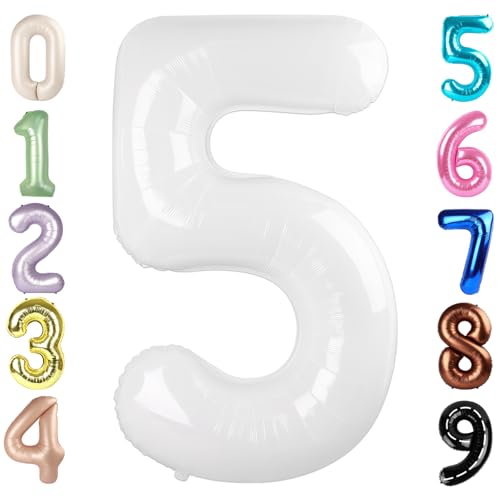 Image of 5 Balloon Numbers Birthday Decorations, 40In White Balloons for Men Women | Eye-catching Appearance, Perfect Decorative Centerpieces, Convenient Self-sealing Structure, Widely for Various Occasions