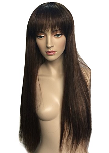 Namecute Black Mixed Brown Wig Long Straight with Bangs Full Cap Synthetic Wigs Natural Hair for Women