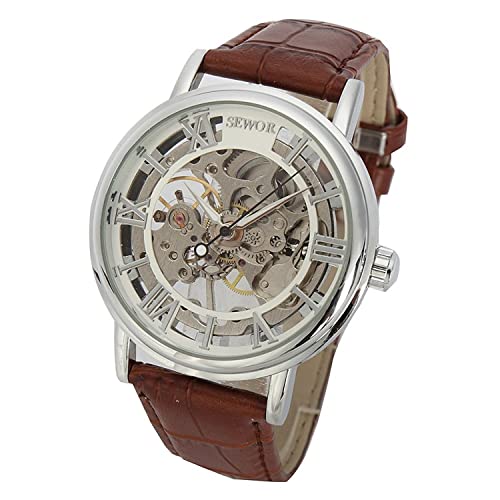 SEWOR Men's Mechanical Skeleton Transparent Vintage Style Leather Wrist Watch