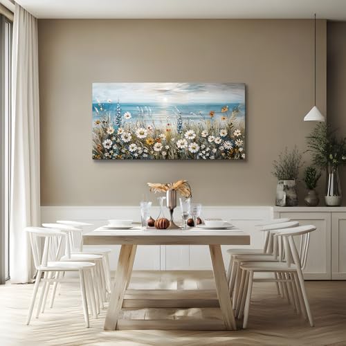 SERIMINO Large Wall Art for Living Room, Coastal Landscape Wall Decor, Beach Daisy Canvas Prints Farmhouse Decor, Wildflowers Bathroom Pictures Home Decor Aesthetic, Dining Room Kitchen Artwork 24"X48"