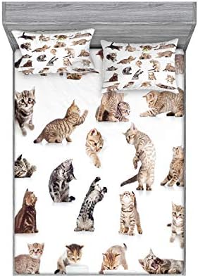Ambesonne Cat Fitted Sheet & Pillow Sham Set, Illustration of Funny Playful Cats on Plain Background Animals Kitten Pattern, Decorative Printed 3 Piece Bedding Decor Set, Full, Beige White