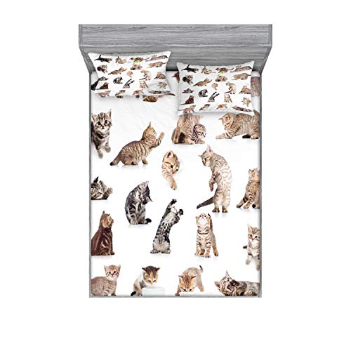 Ambesonne Cat Fitted Sheet & Pillow Sham Set, Illustration Of Funny Playful Cats On Plain Background Animals Kitten Pattern, Decorative Printed 3 Piece Bedding Decor Set, Full, Beige White #TOP19