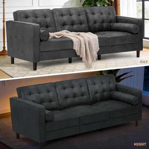 Image of 84 Inches Suede Leather Couch with Bolster Pillows, Grey | Comfy 3 Seater Sofa with Tufted Back Cushions, Modern Couch with Sturdy Legs for Living Room, Office, Bedroom