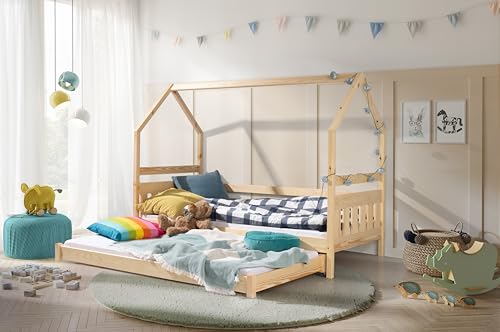 KEF Lily Kinderbett 90x200 cm - Hausbett für Zwei Kinder - Bodenbett aus Holz - Babybett mit Lattenrost mit Rollen - Floor Bed - Jugendbett für Kinderzimmer - Kiefer