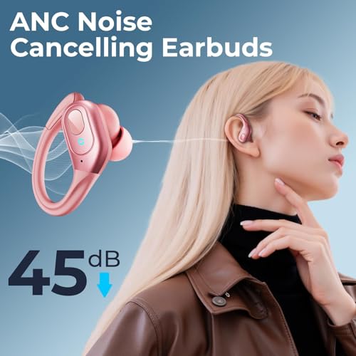 Image of occiam Active Noise Cancelling Earbuds Wireless Bluetooth Headphones Ear Buds 90Hrs Playback Stereo Bass Earphones with Mic Over-Ear Hooks IPX7 Waterproof Headset for Work Sports (Rose Gold)