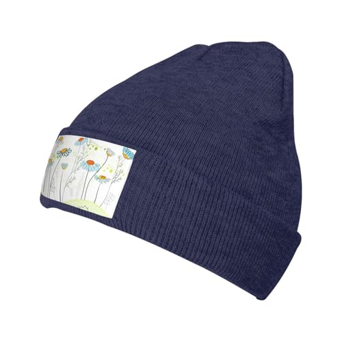 Migpkd Gorro unisex con diseño floral de margaritas para hombres y mujeres, gorro de punto de invierno, gorro cálido con puños, a la moda, azul marino, Talla única