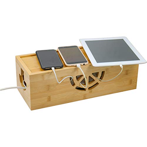 Extra Large Cable Management Box with Lid, Bamboo Cable Box for Cords, Power Strips or Surge Protectors, Hide Loose Wires Behind TVs, Home Office Computers, Office Desks, Entertainment Centers by HTB