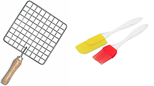 NewQ Square Stainless Steel Papad Jali, Paneer Grill, Roti Maker, Barbeque Jali Roaster Chapati Toast Grill Wooden Handle (Silver) with Small Spatula and Oil Brush Set-image-25