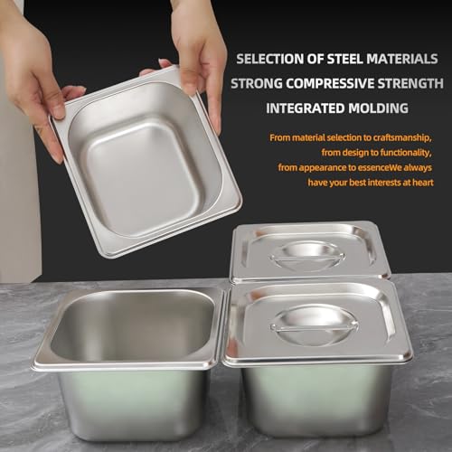 Image of Commercial Stainless Steel Food Containers Deep Hotel Pans with Lids All Purpose Deep Pan with Lid for Catering Baking Buffets Food Storage (Silver, 4 Pcs)