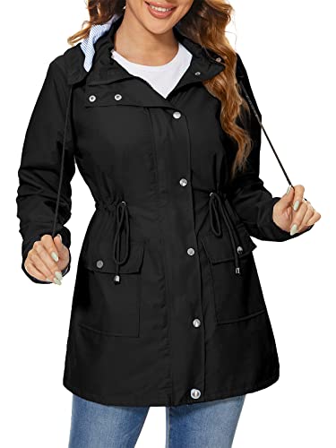 Century Star Rain Jackets For Women Waterproof Lightweight Raincoat Windbreaker Jacket Women Rain Coat With Hood Trench Coat Black X-Large #TOP1
