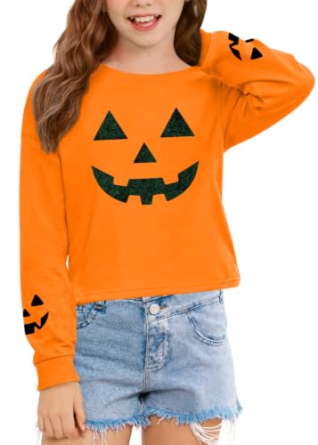 Image of BesserBay Girls Halloween Crop Tops Orange Print Spooky Shirt 6-14 Years
