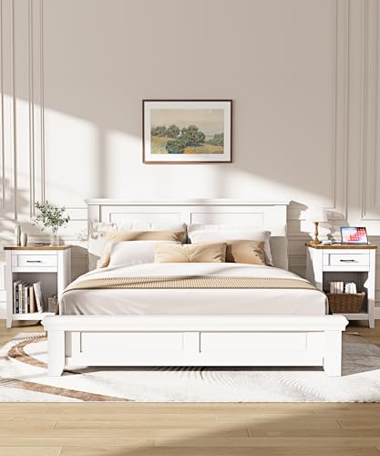 Decofy Farmhouse Nightstand with Charging Station & Large Storage, Set of 2 Modern End Tables with Outlets, USB Ports and Type-C Ports, Easy Assembly for Bedroom (Pure White + Walnut) - Thumbnail 2