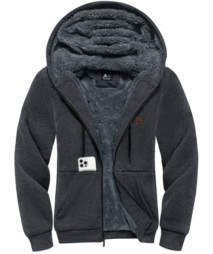 Image of Little Beauty Fleece Hoodies for Men Winter Thick Jackets Sherpa Lined Zip Up Sweatshirt With Kanga Pocket