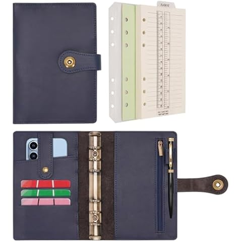 Wonderpool A6 Binder Journal Leather Spiral Notebook Refillable College Ruled Paper, Budget Binder Rings Diary Organizer with Pen for Office School Travel Business Planning Writing (Blue,A6) Cover