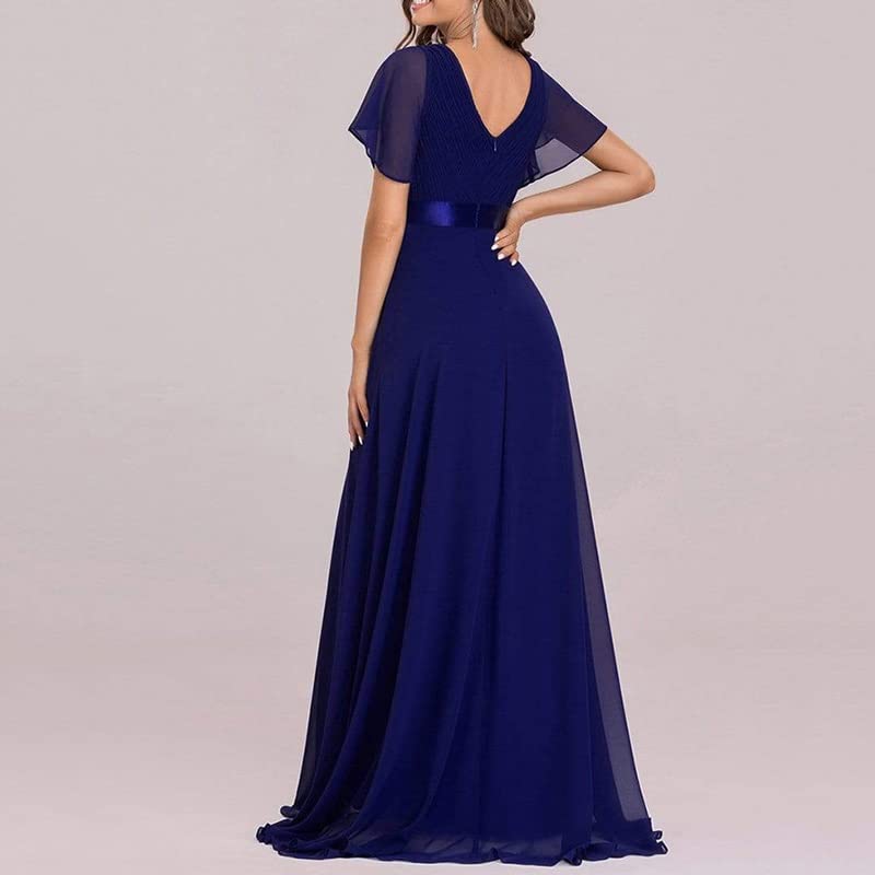 Vestido Longo Para Damas De Honra - Decote Em V Com Adornos, Elegante Para Casamentos