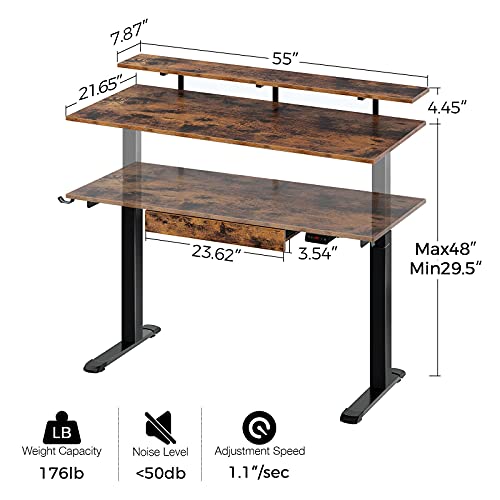 Rolanstar Standing Desk Dual Motor With Usb Charging Ports, 55" Adjustable Height Desk With Drawer And Monitor Shelf, Electric Standing Desk With 2 Headphone Hooks, Rustic Brown #TOP2