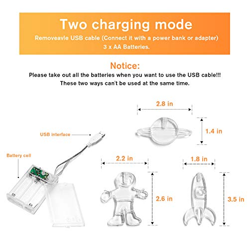 20 LED Children's Room LED String Light Astronaut Spaceship Rocket Pendants Holiday Party Lights Wall Window Nursery or Kids room Decor Wedding Around the Garden Party Patio Christmas (Warm White)