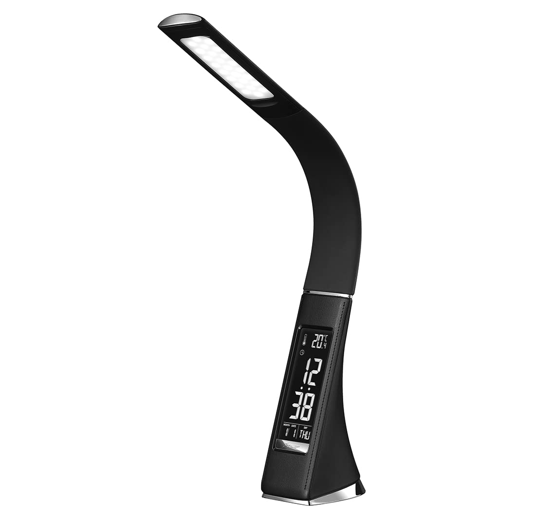 Lámpara de escritorio LED de cuello de cisne flexible con calendario de reloj y temperatura, ideas de regalo de oficina, lámpara de mesa táctil regulable con 3 niveles de brillo, luz moderna para
