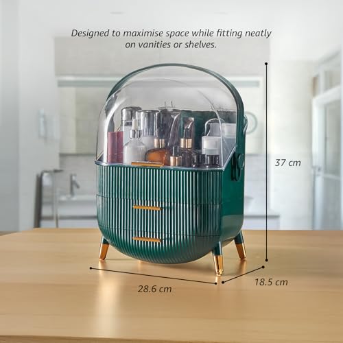 Image of Amazon Basics Glossy HIPS+PS Cosmetic Storage Organizer | 28.6 x 18.5 x 37 cm | 3 Compartments | Waterproof & Dustproof Lid | Green