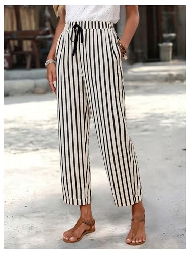 Women's Striped 3/4 Length Pants Straight Leg Drawstring Waist Cropped Pants Trousers with Pockets2