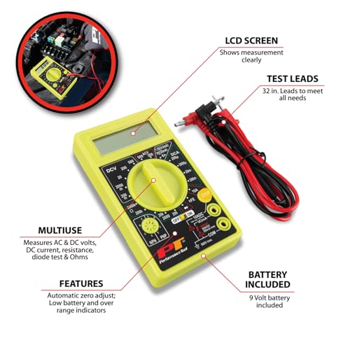 Image of Performance Tool W2974 Digital Multimeter Tester 2000 Counts with AC DC Voltmeter and Ohm Volt Amp Meter, Measures Voltage, DC Current Measurement, Automatic Zero Adjust, 9V Battery Included
