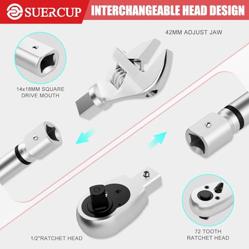 Image of SUERCUP 1 /2 inch Adjustable Digital Torque Wrench (1.5-99.6Ft.Lb /2-135N.m) | Interchangeable 14x18mm Head with 42mm Jaw & 1 /2 inch Ratchet, Vibration, Buzzer & LED Flash, for HVAC, Flare Nut & Auto Repair