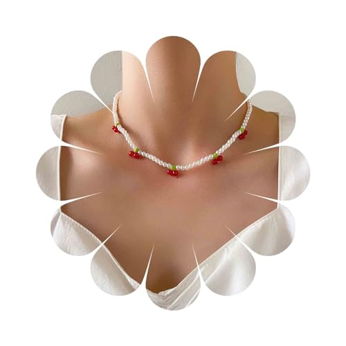 Iaceble Boho Pearl Cherry Choker Necklace Red Resin Cherry Necklace