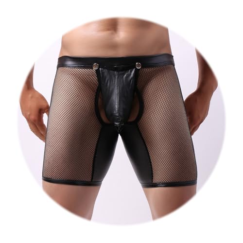 Evankin Masculino Calças Masculinas Transparentes de Malha Sexy com Shorts Soltos de Couro Sintético
