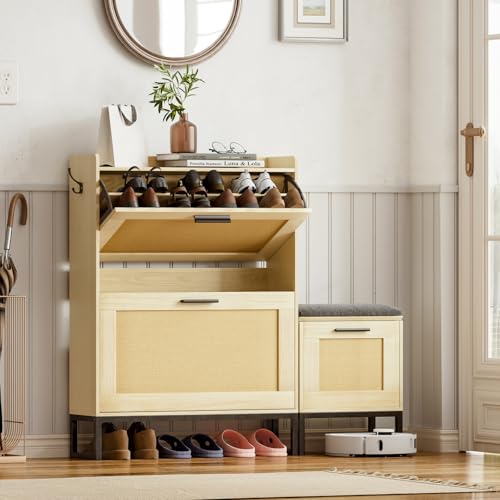 Image of Maupvit Shoe Cabinet Storage for Entryway with Bench, Natural Oak Rattan Narrow Shoe Cabinet with 2 Flip Drawers, Wooden L-Shaped Shoe Rack Slim Shoes Storage Organizer for Hallway, Entrance