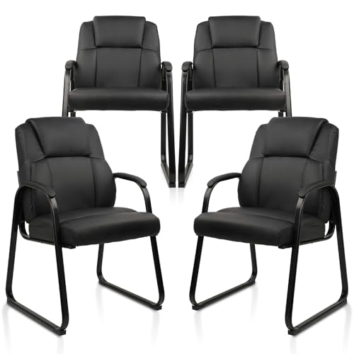Image of CLATINA Leather Guest Chair with Padded Arm Rest for Reception Meeting Conference and Waiting Room Side Office Home Black with Sled Base 4 Pack