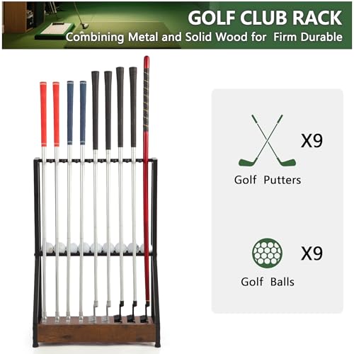 Image of Golf Club Holder for 9 Clubs & 9 Balls, Solid Wood & Iron Golf Organizer, Golf Putter Holder Floor Stand, Golf Club Stand Suitable for Golf Simulators|Golf Course Accessories