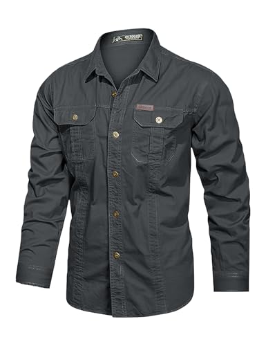 Eisctnd Men's Long Sleeve Work Shirt, Utility Cotton Button Down Cargo Shirts with Pockets for Casual Outdoor Safari Darkgrey