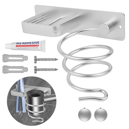 VFANDV Soporte para Secador de Pelo, Soporte para Secador y Plancha de Pelo de Aluminio en la Pared con Organizador de Cables Soporte Autoadhesivo para Plancha de Pelo para Baño Dormitorio Hotel