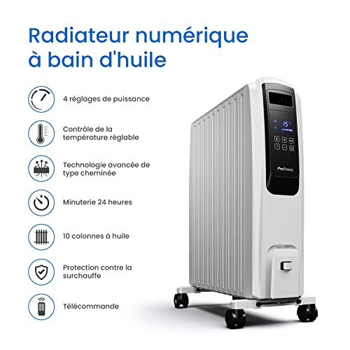pro breeze radiateur numérique à bain d’huile 2500w, mobile, chauffage électrique 10 éléments, minuteur intégré, 4 puissances de chauffage, thermostat, télécommande
