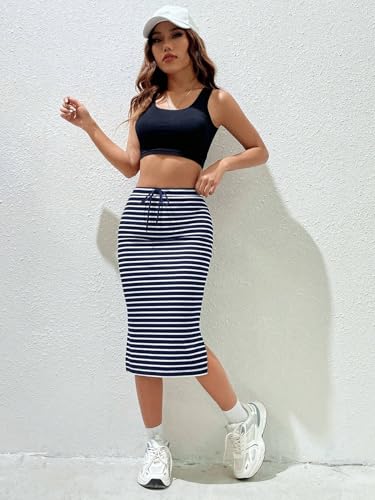 EARKOHA 2025 Skirts for Women High Stretch & Cool-Fabric Solid Split Side Drawstring Waist Skirt Navy Blue L4