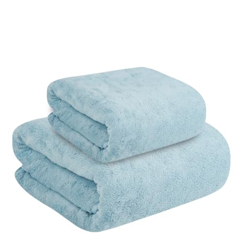 Image of Dribble Coral Fleece Microfiber Towel Set | Ultra Soft & Highly Absorbent Hand Towel + Bath Towel | 450 GSM Quick Dry Towels for Bathroom, Home, Gym & Travel (Pack of 2, Blue)