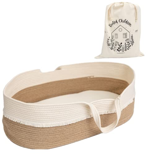 Rooted Children Moses Basket - Cotton Rope Baby Bassinet w/ Carry Tote - Foldable Newborn Lounger - Portable Crib w/ Foam Pad - Baby Must Haves