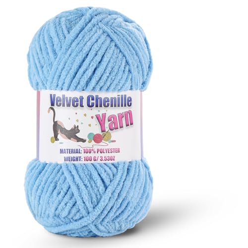 Image of Fluffy Chenille Yarn for Crocheting, Chunky Velvet Yarn for Crochet Amigurumi, Used for Making Baby Yarns Blanket, Clothes, Pattern Knitting Creations (1-Bule)
